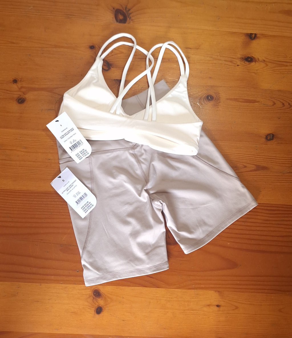 Cotton On Womens Gym Set:Ultra Soft Scrunch Front Strappy Crop and Ultra Soft Side Pocket Bike Short
