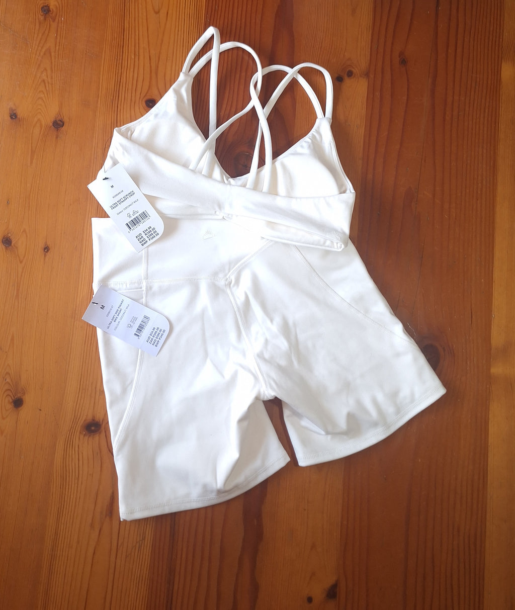 Cotton On Womens Gym Set:Ultra Soft Scrunch Front Strappy Crop and Ultra Soft Side Pocket Bike Short