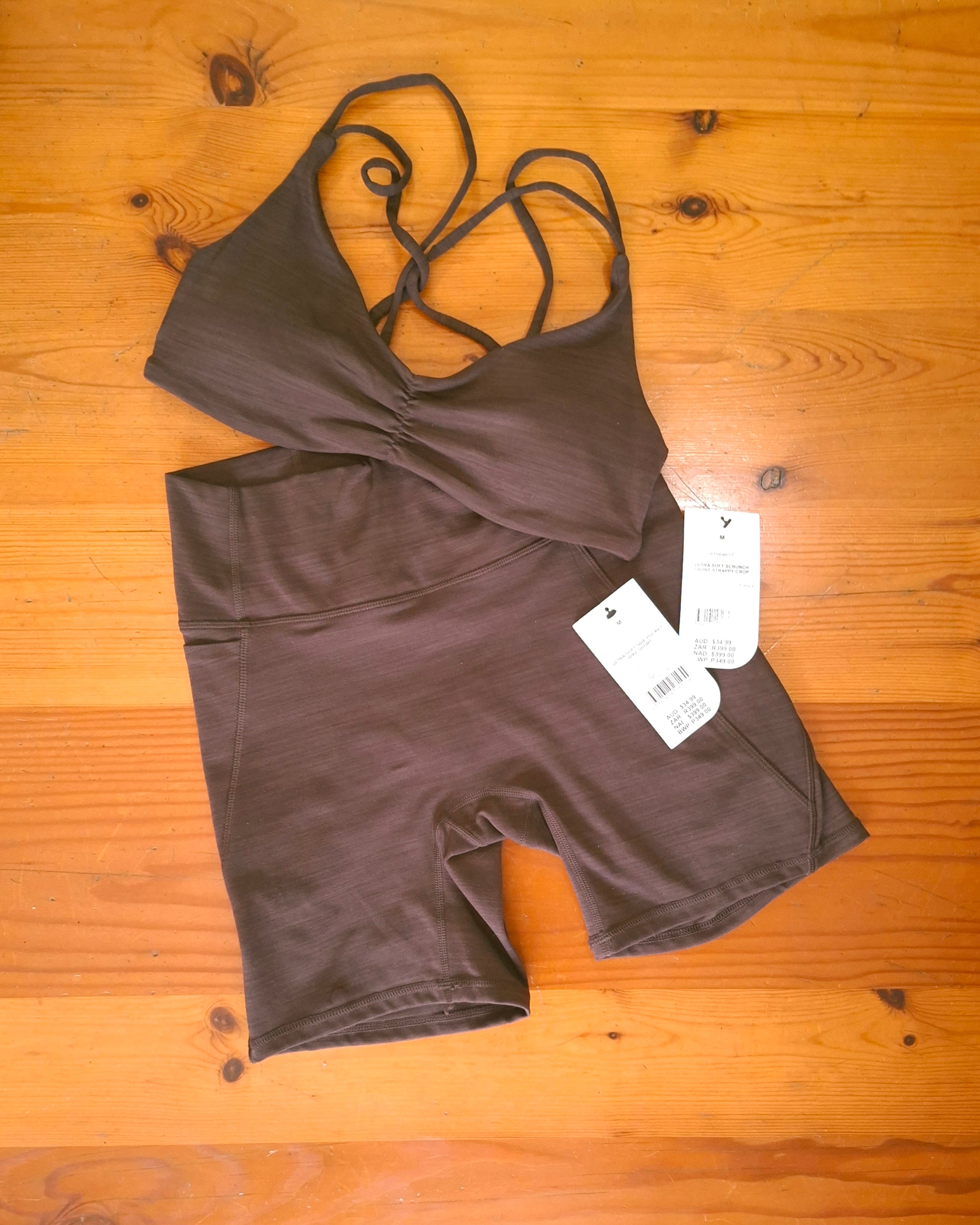 Cotton On Womens Gym Set:Ultra Soft Scrunch Front Strappy Crop and Ultra Soft Side Pocket Bike Short
