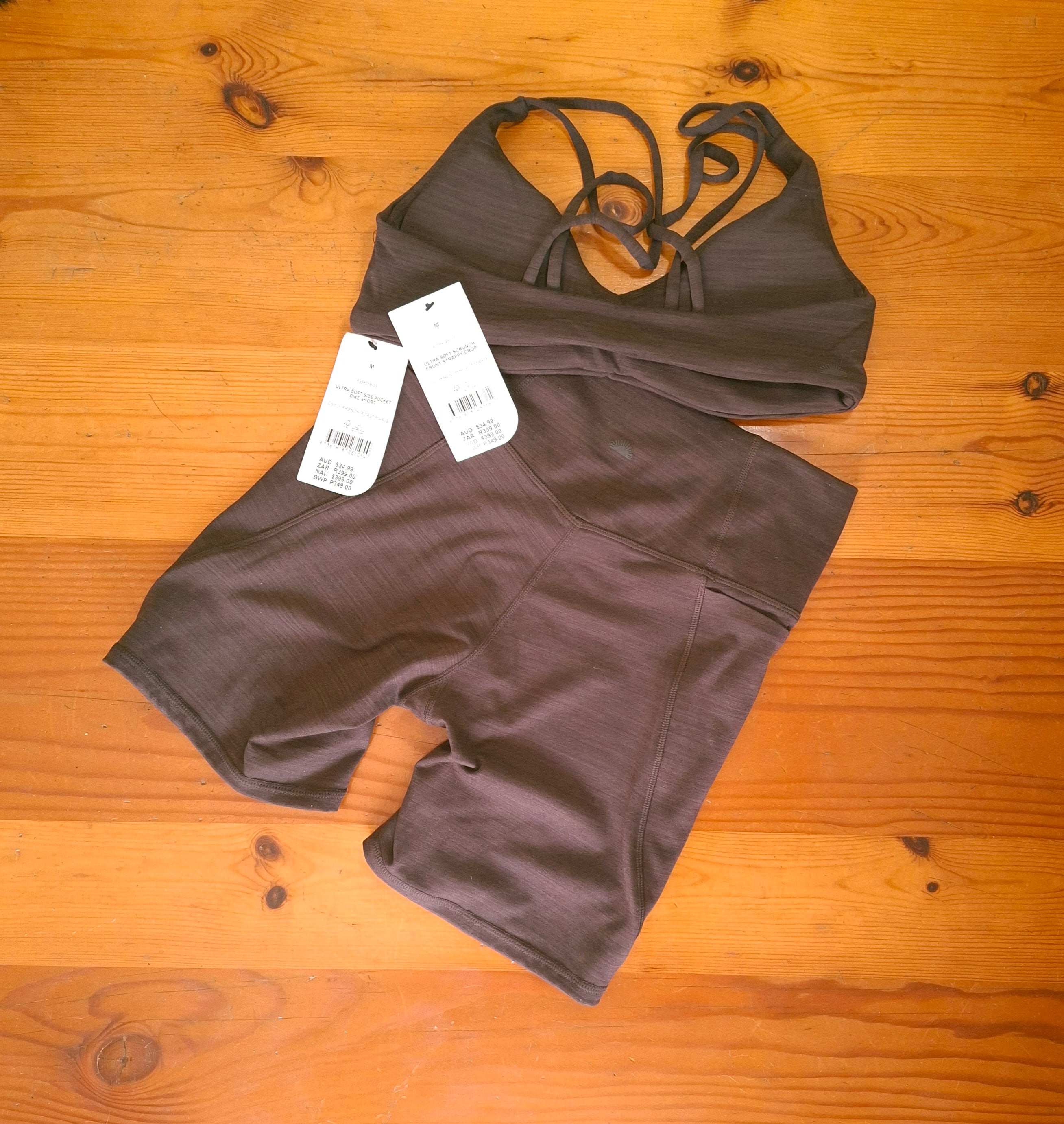 Cotton On Womens Gym Set:Ultra Soft Scrunch Front Strappy Crop and Ultra Soft Side Pocket Bike Short