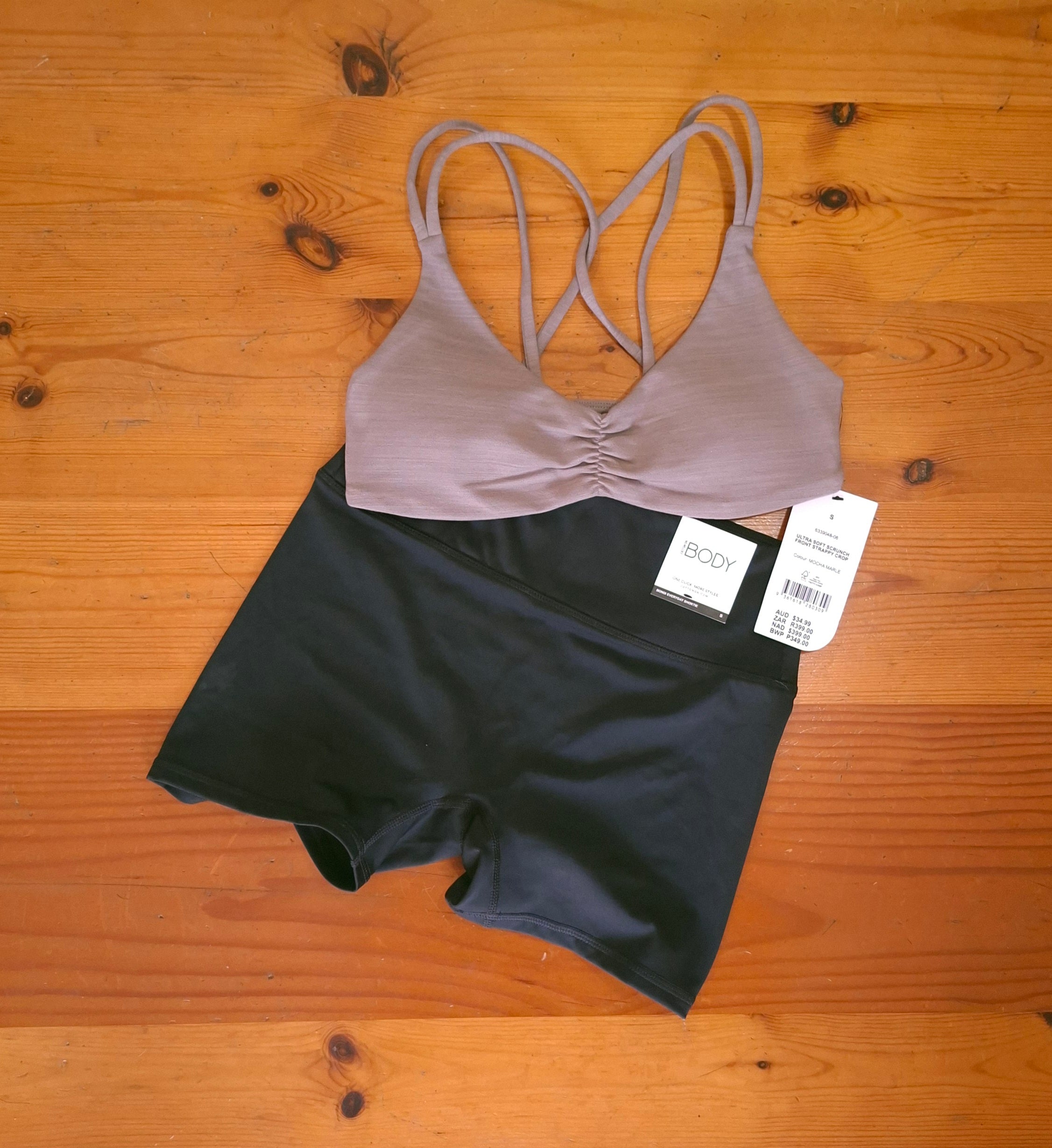 Cotton On Womens Gym Set Ultra Soft Scrunch Front Strappy Crop and Bondi Everyday Shortie Short
