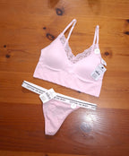 Cotton On Womens Seamless Longline Lace Trim Bralette and Branded Cotton Tanga G String Brief