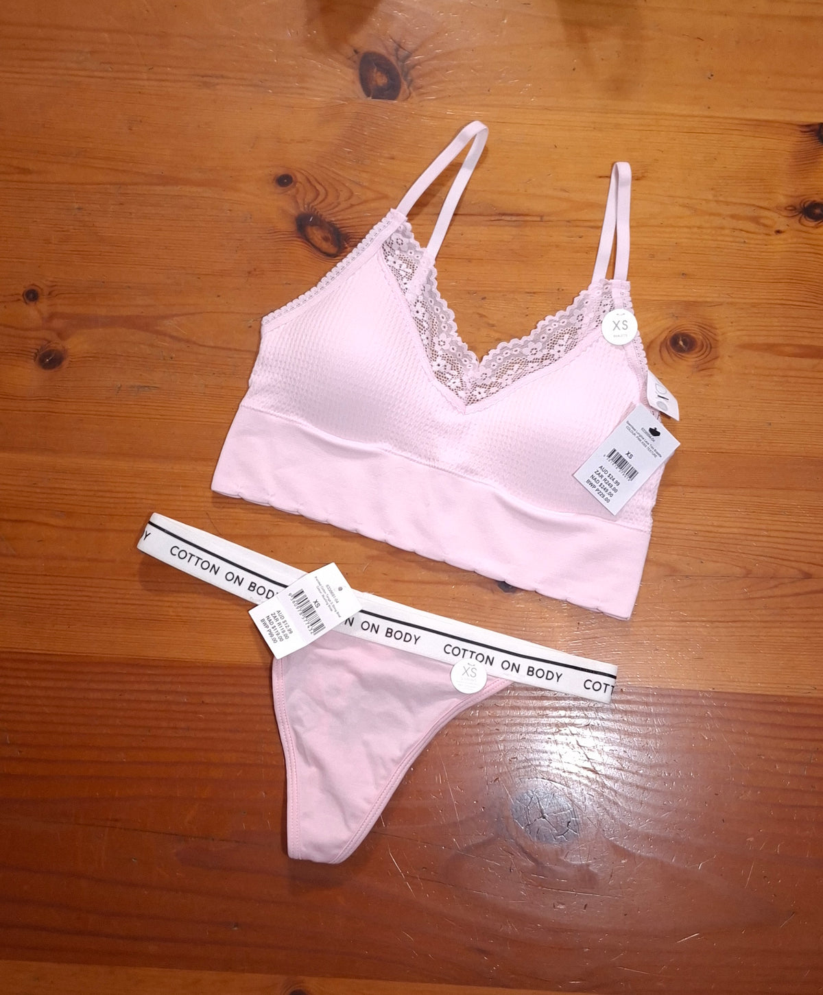 Cotton On Womens Seamless Longline Lace Trim Bralette and Branded Cotton Tanga G String Brief