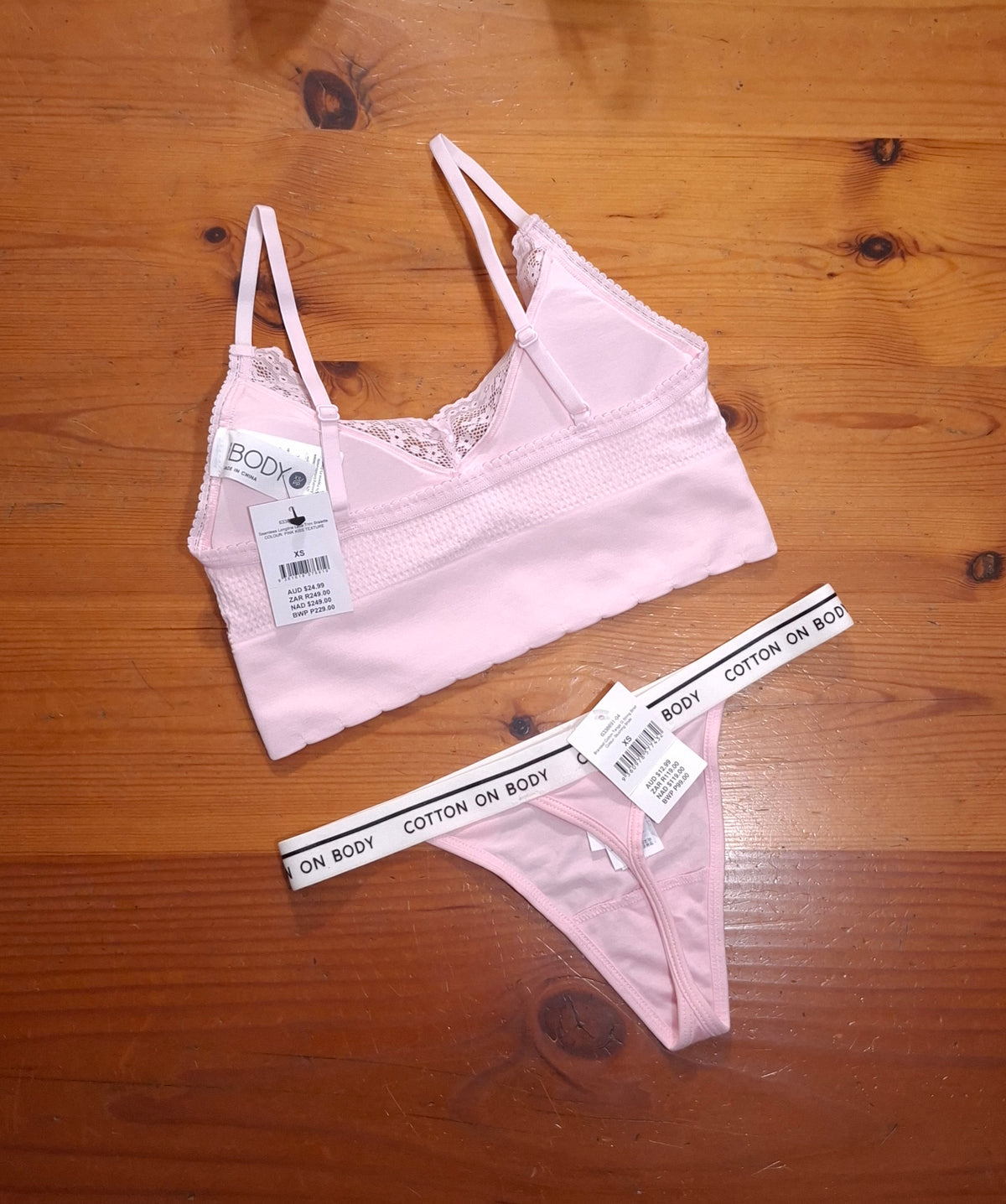 Cotton On Womens Seamless Longline Lace Trim Bralette and Branded Cotton Tanga G String Brief
