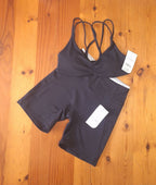 Cotton On Womens Gym Set Ultra Soft Scrunch Front Strappy Crop and Ultra Soft Side Pocket Bike Short