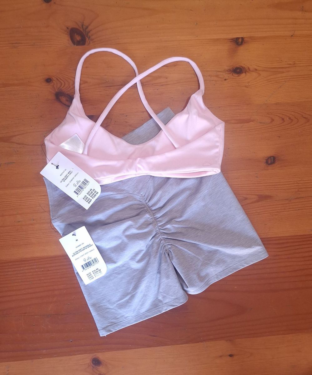 Cotton on Womens Gym Set Ultra Soft Minimal Strappy Crop and Ultra Soft Invisible Scrunch Shortie Short