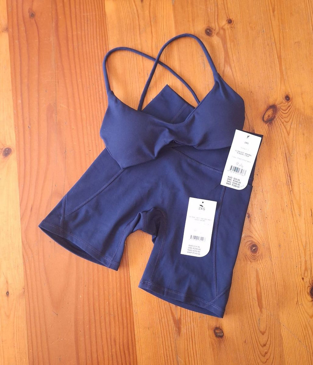 Cotton On Womens Gym Set Ultra Soft Minimal Strappy Crop and Ultra Soft Side Pocket Bike Short